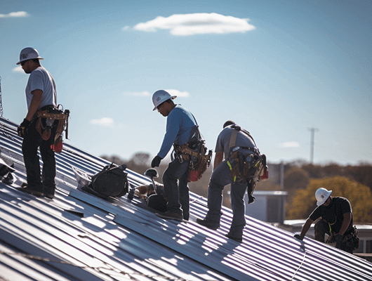 Men installing metal roof